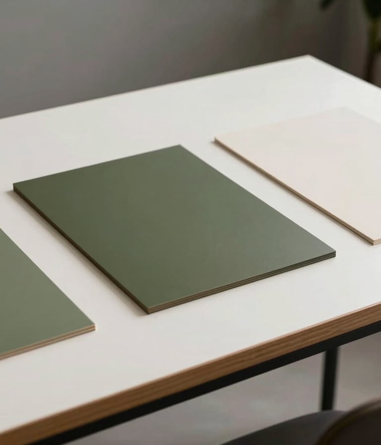 Professional photography of a minimalist studio desk in South America with natural lighting, featuring design samples in olive green and off-white.