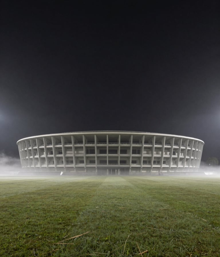 A wide, atmospheric shot of an empty arena at night, soft fog rolling over the grass, charcoal sky, minimalist and premium editorial mood.