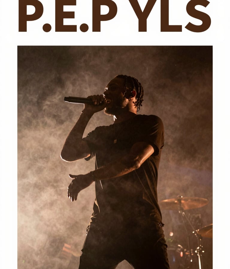 Low-angle shot of P.E.P YLS performing on a dimly lit stage. Rich #3D2C20 and #8D765D lighting highlights his silhouette against #F5F5EB smoke, capturing an immersive live experience.