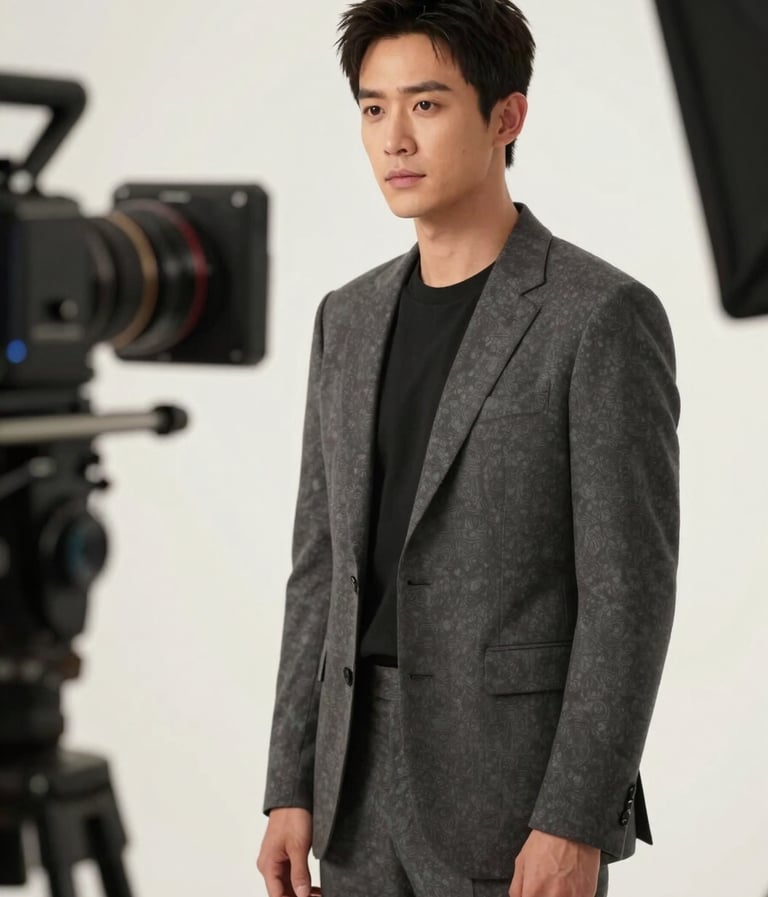 An elegant actor standing on a cinematic set in a North American location, professional equipment visible in the blurred charcoal and off-white background.
