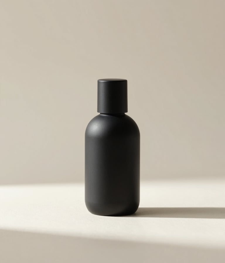 A minimalist studio shot of a sleek, matte black (#1A1A1A) designer bottle on a soft cream (#F8F5F2) surface. Harsh shadows are avoided; instead, soft, diffused lighting creates a sense of luxury and calm. Composition is clean with significant negative space. Apple-inspired agency style.