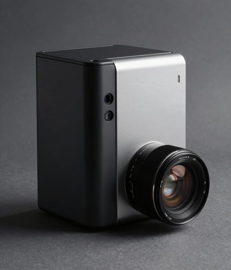 High-end commercial photography of a sleek minimalist designer accessory, studio lighting with sharp shadows in dark charcoal black and light silver grey tones, professional Central European aesthetic.