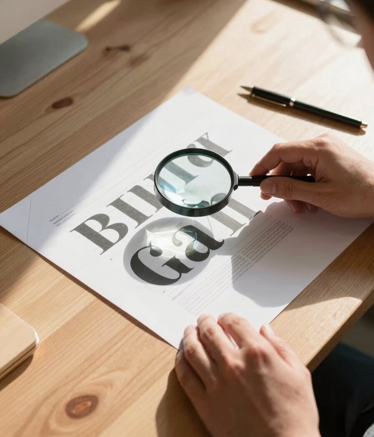 Top-down photography of a wooden design table in a North American office. Hands are holding a magnifying glass over a typographic layout. The scene is lit by warm morning sunlight, showcasing a professional and artistic process.