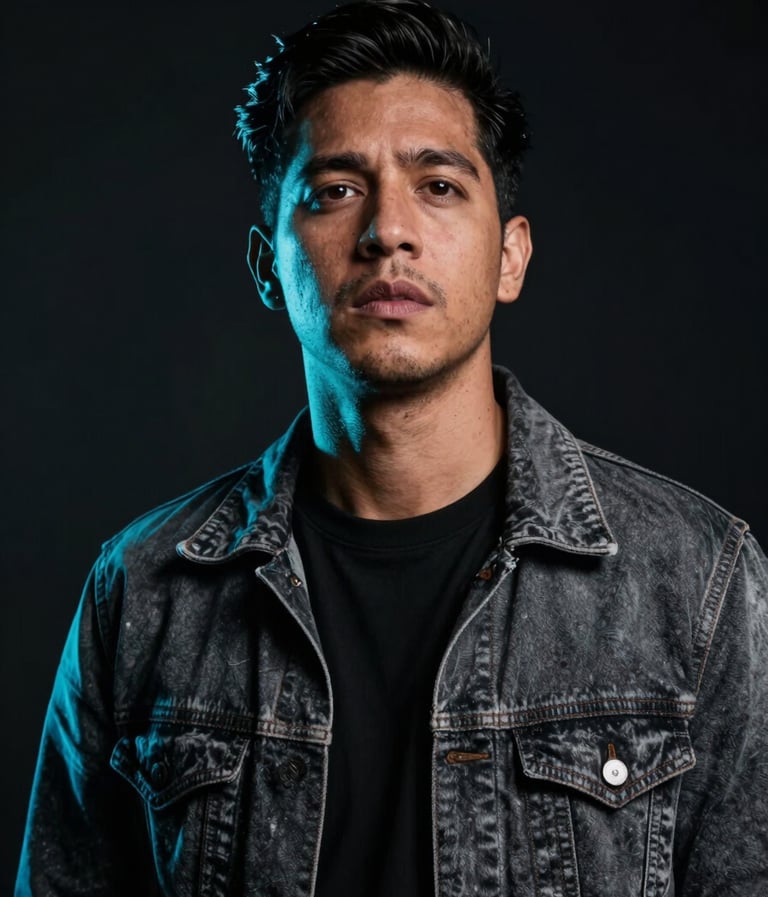 A dramatic, low-key portrait of a male artist with an inspiring expression, wearing modern urban attire, lit with a subtle electric neon cyan rim light in a dark South American / Colombian studio setting.