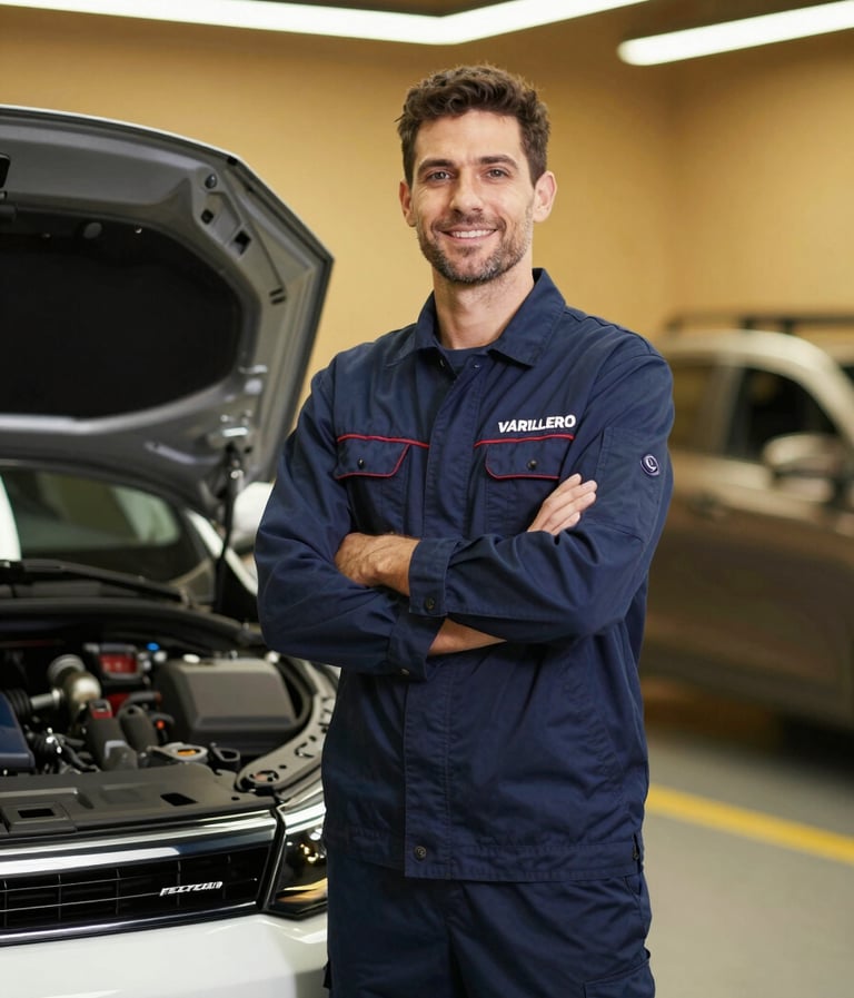 Portrait of a professional Varillero technician in a clean, navy blue uniform standing confidently next to a repaired vehicle. Warm, approachable lighting with gold accents #E7C670 in the background. High-end automotive studio setting.