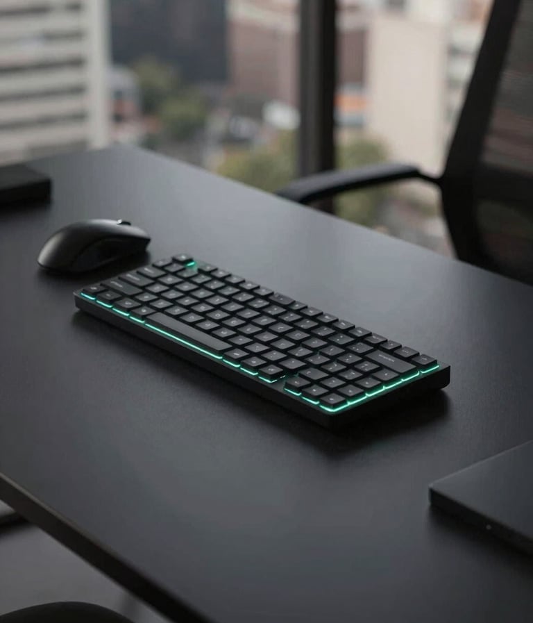 A minimalist, technological workspace in a South American urban setting. A sleek black desk with only a high-end mouse and keyboard, glowing with a subtle neon green light. Professional and pragmatic mood.