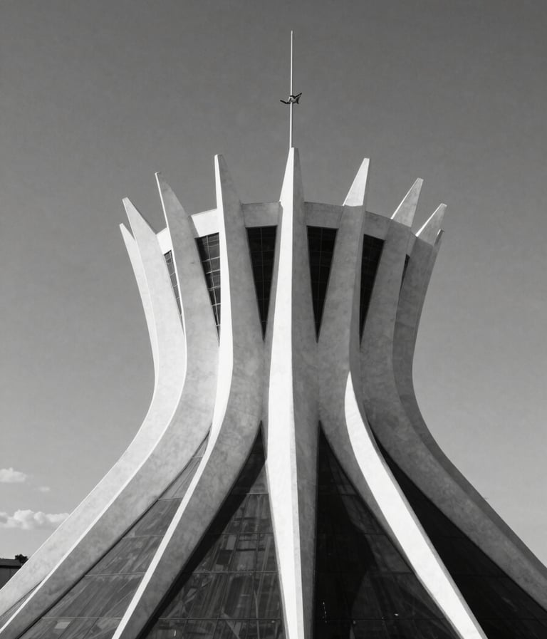 A high-contrast, black and white editorial photograph of a minimalist modern building in Brasília. The composition uses a low angle to emphasize clean geometric lines and sharp shadows against a clear sky. The mood is sophisticated and professional.