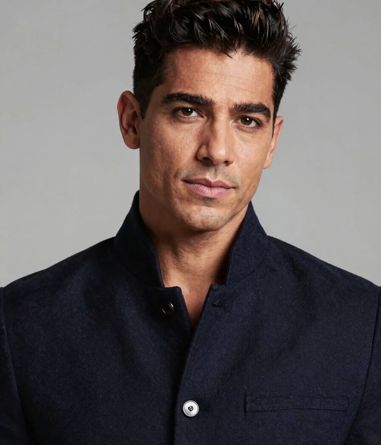 A high-end studio portrait of a charismatic South American / Brazilian man with a modern hairstyle, wearing a stylish dark navy jacket. The lighting is soft and professional, set against a clean slate gray background, exuding a sophisticated and approachable mood.