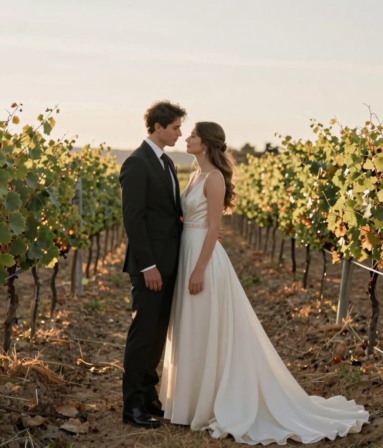 A vertical full-body portrait of a couple in elegant wedding attire standing amidst a North American / European style vineyard. The lighting is soft golden hour, with the bride's dress reflecting a soft cream hue against the muted taupe earth.