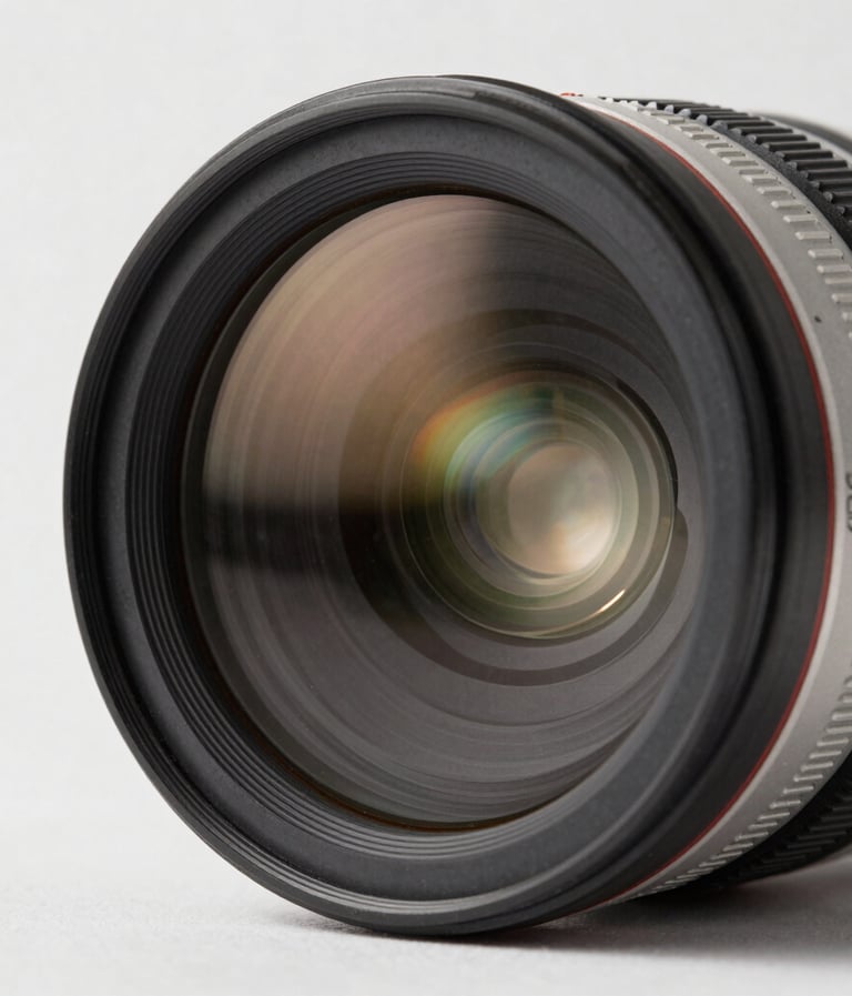 A professional camera lens reflecting a bright minimalist studio. The composition is a sharp close-up on glass and metal textures. The color palette includes charcoal, silver, and off-white. International / Professional.