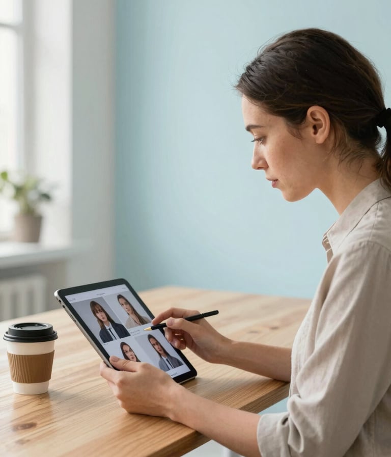 A professional casting director in a bright, Scandi-style studio with light wood accents and #ECF3F4 walls, reviewing talent portfolios on a tablet with a coffee cup nearby, soft morning light, fashion professional aesthetic.