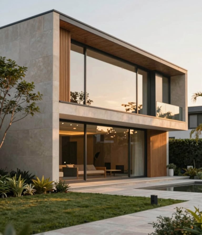 A cinematic, wide-angle shot of a modern architectural extension during the golden hour. The building features large glass windows reflecting a lush garden, with warm #F9F6EE stone and wood accents. Soft, sun-drenched lighting creates a welcoming atmosphere.
