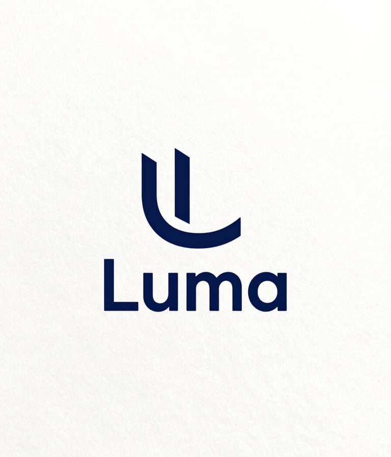 Sophisticated minimalist logo for Luma, centered on high-end heavy-weight paper. Professional lighting, using #0F1E2E on a clean #F8F8F4 background.