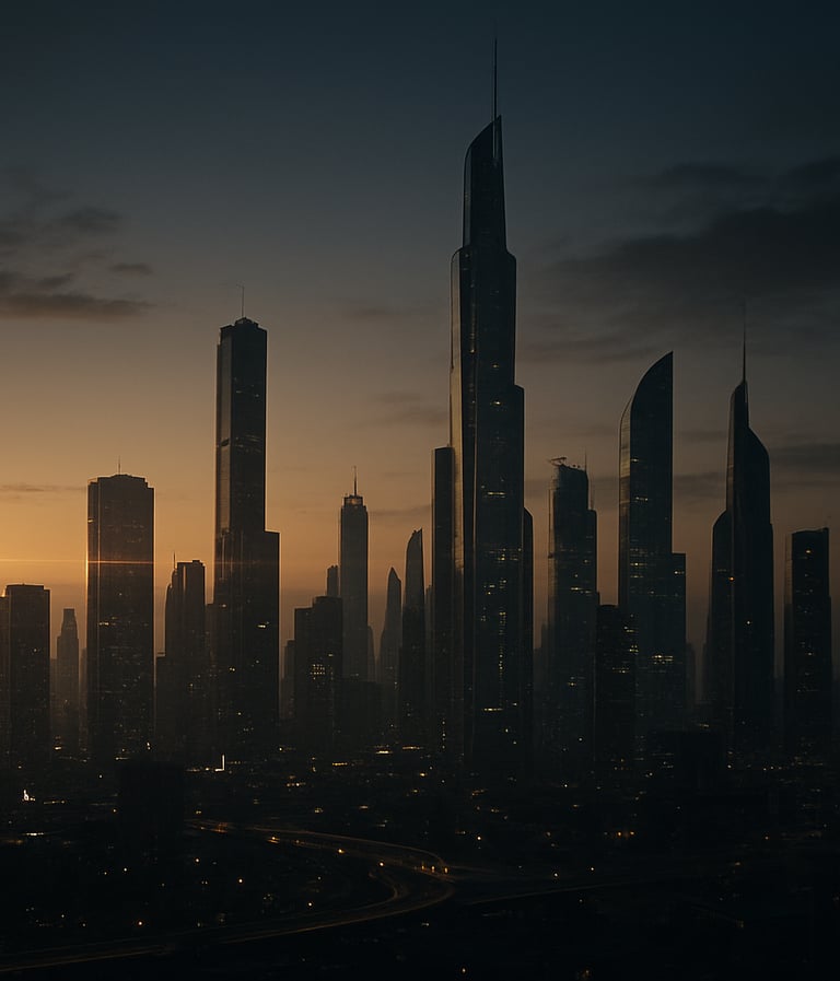 A wide cinematic still showing a futuristic North American city skyline at dusk, anamorphic lens flares in gold and off-white, high-end film production style with deep charcoal shadows.