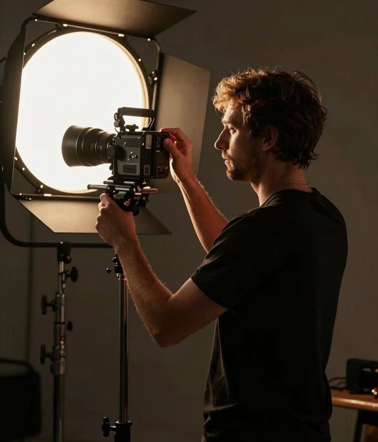 A medium shot of a director of photography adjusting a light on a professional set. The palette is dominated by dark tones and rich golden highlights. Global / Western.