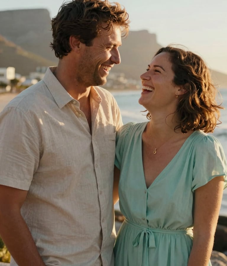 A warm and inviting photograph of a South African couple laughing together in a coastal Cape Town setting. The lighting is soft and golden, with the woman wearing a soft mint dress. The composition is intimate and authentic, capturing a moment of professional artistry.