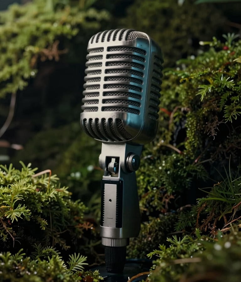 A cinematic, close-up shot of a vintage scientific microphone placed inside a thick, lush moss environment. The lighting is moody and dark charcoal, with soft off-white highlights on the metallic mesh and deep teal shadows.