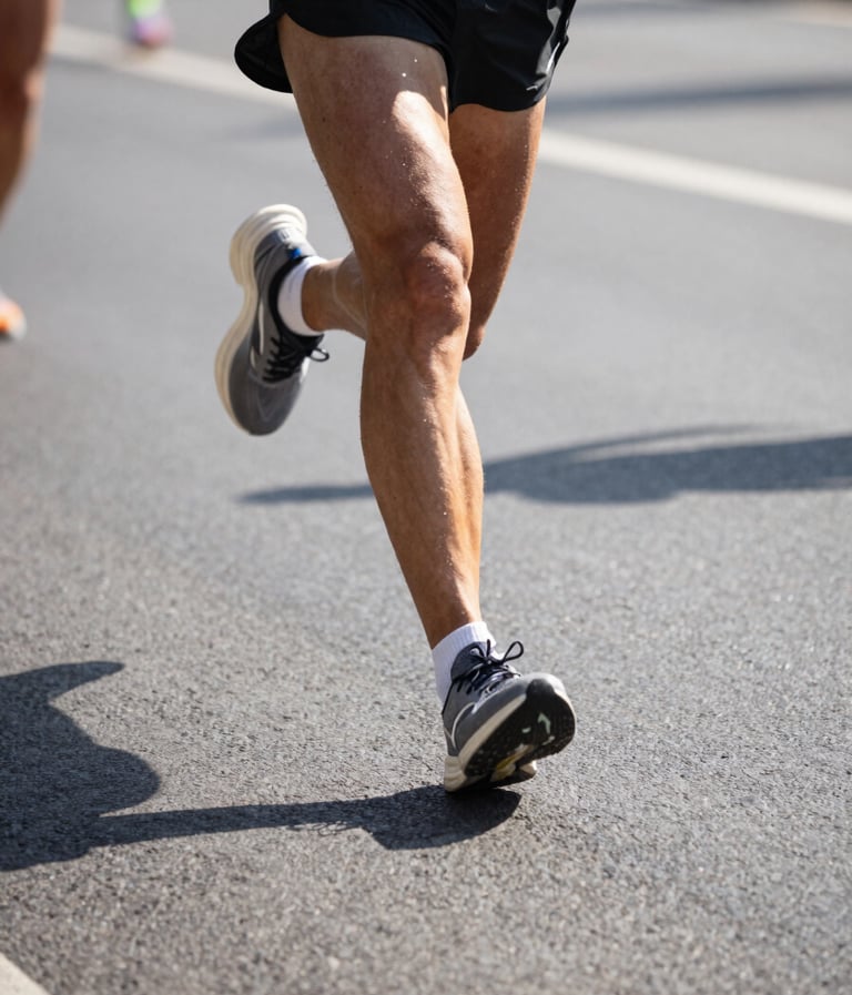 A dynamic shot of a runner's legs mid-stride on asphalt during a marathon. The lighting is bright morning sun, creating strong shadows. The color palette includes #F2F1ED for the road markings and #403B3B for the shadows, with a professional sports photography style.