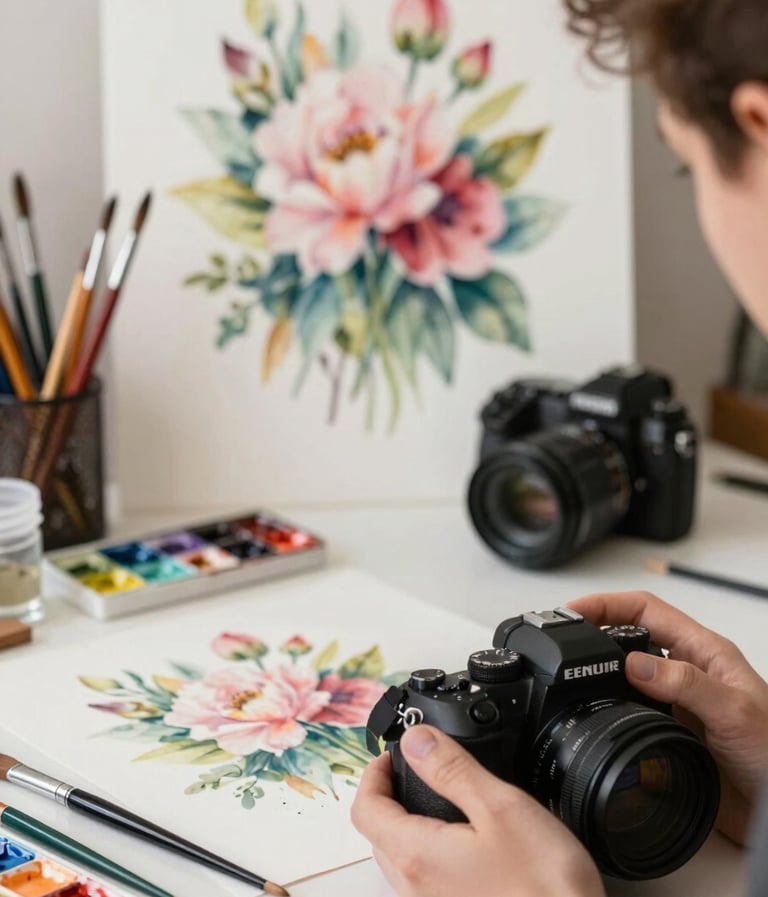 A professional artist's workshop scene featuring watercolor brushes and a high-end camera, with a finished floral masterpiece in the background.