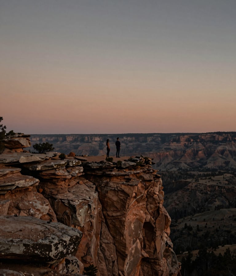 A wide landscape shot of a couple standing on a rugged North American cliff edge at dusk. Cinematic, moody lighting with warm terracotta and charcoal highlights on the horizon. The atmosphere is authentic and vast, shot in a professional lifestyle photography style.