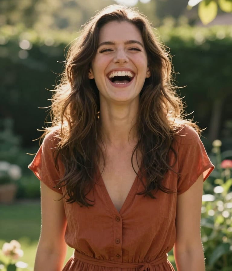 A cinematic photography portrait of a woman laughing joyfully in a sun-drenched North American garden, wearing a Terracotta dress, backlighting creating a soft glow around her hair, authentic emotion.