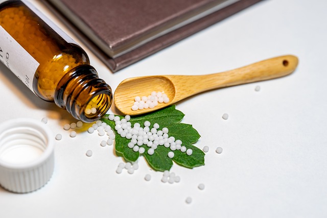 a bottle of homeopathic medicated pills and a wooden spoon on green leaf to take medicated pills 