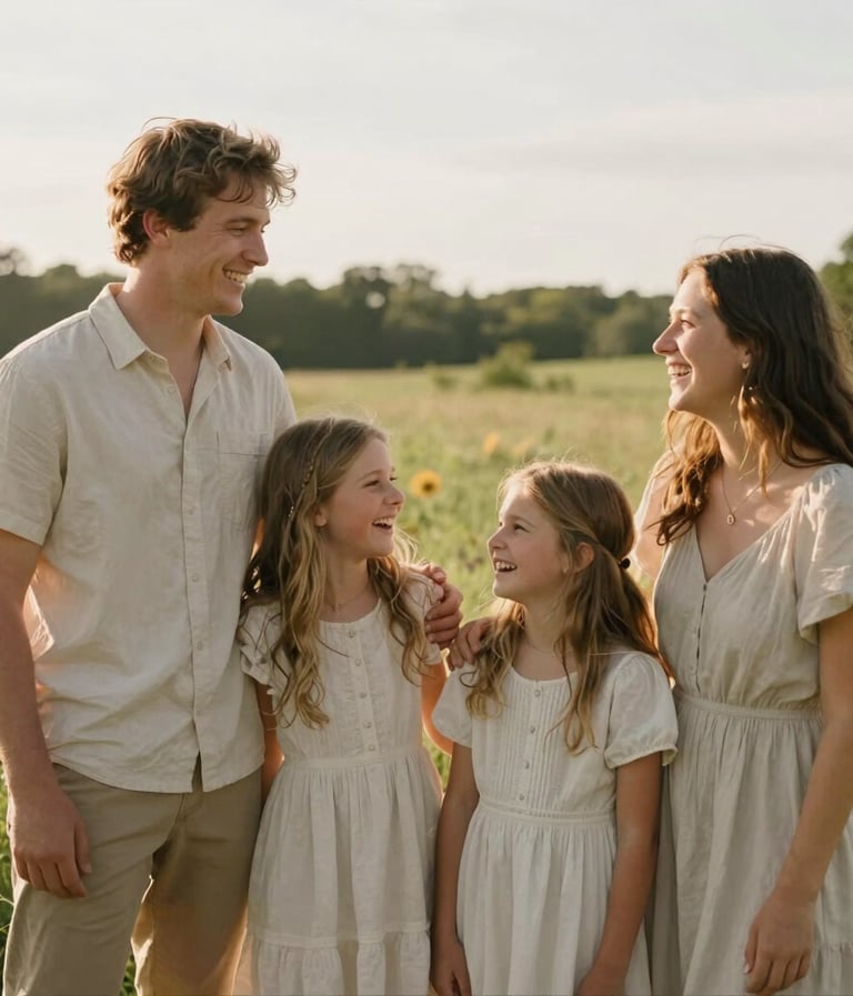 A young family of four laughing together in a sun-drenched meadow in North American / US (West Michigan). The lighting is soft and golden, with a light and airy aesthetic and attire in soft light beige tones.