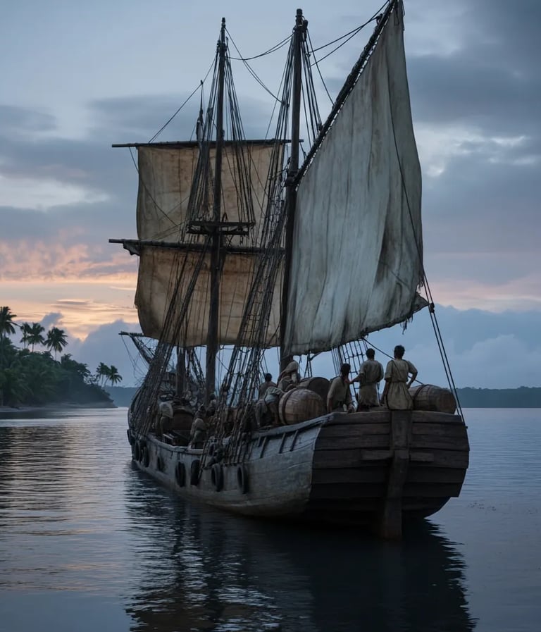 1619, Dutch East India Company ship Nieuw Hoorn anchored in the calm waters of the Sunda Strait