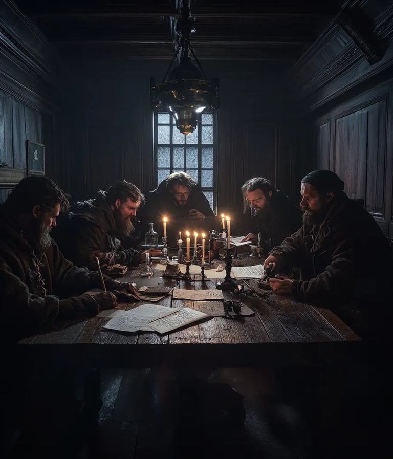 1666, dimly lit Royal Society chamber, oak-paneled walls and flickering wax candles, Samuel Pepys