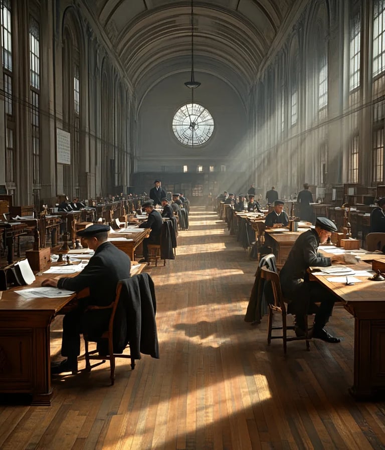 1914, Washington D.C. State Department office, sunlight pouring through tall arched windows