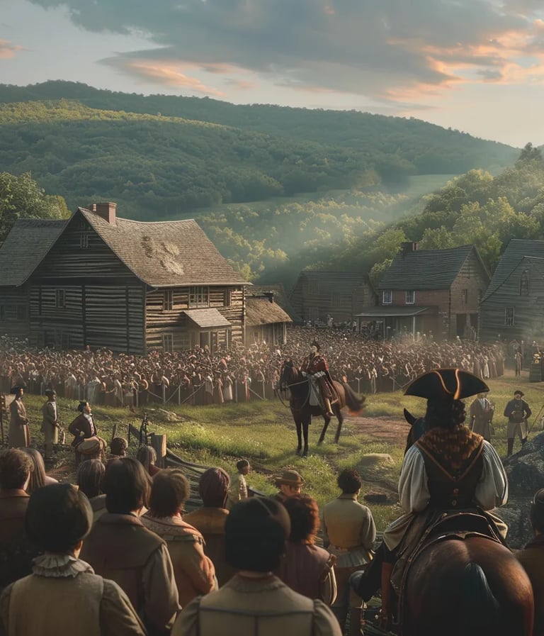 a royal messenger on horseback delivering the Proclamation of 1763 to a colonial village