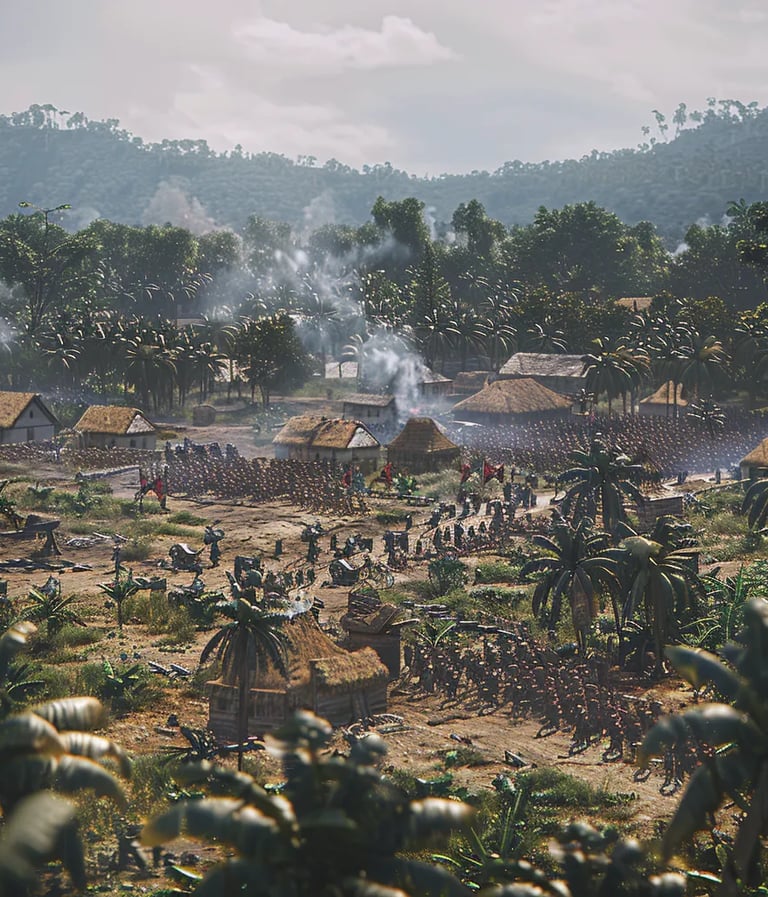 the battlefield in the Gold Coast, showing British forces advancing with cannons and rifles