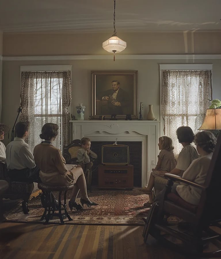 a family gathered around a radio in a modest 1920s living room