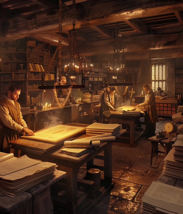 printing press in 16th-century England producing the first pages of the Coverdale Bible