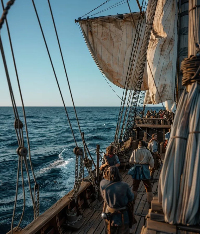 Christopher Columbus aboard the Santa Maria, surrounded by his crew