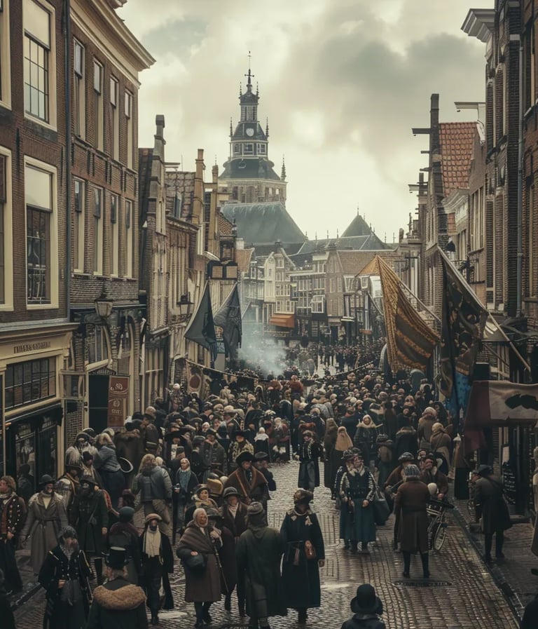 crowded streets of Alkmaar, Netherlands, as angry townspeople protest the newly imposed beer tax