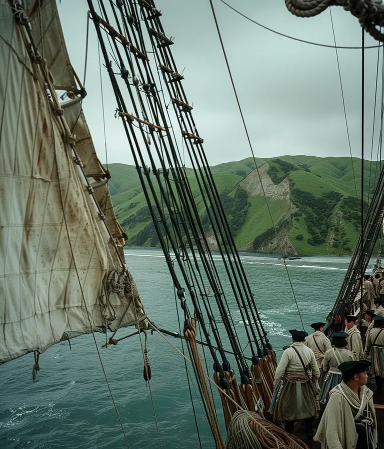 HMS Endeavour approaching the coastline of New Zealand near Gisborne