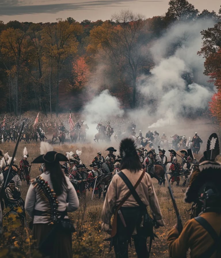 U.S. troops clashing with British forces and Native American warriors during the Battle of the Thame