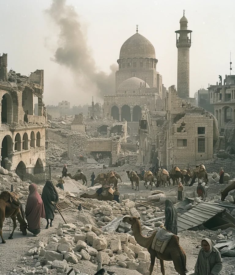 of Aleppo moments after the earthquake, showing the city in ruins. Minarets have collapsed