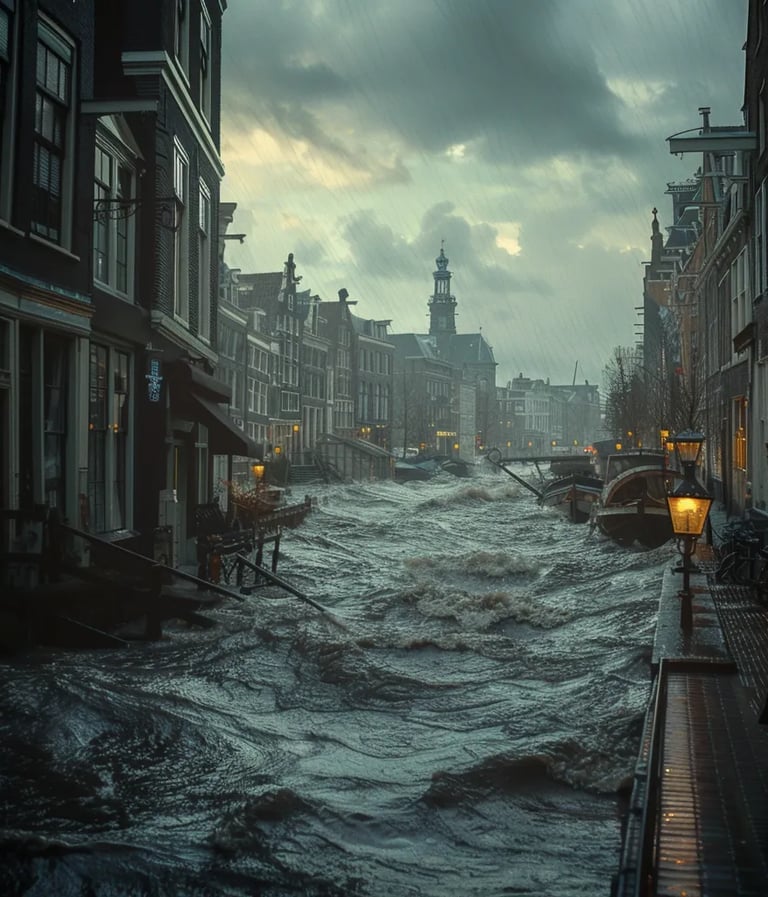 Amsterdam, 1675 – Wide-angle shot of raging floodwaters engulfing the city