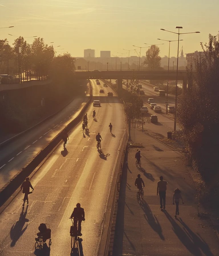 eerily empty highway, where bicycles and pedestrians replace cars