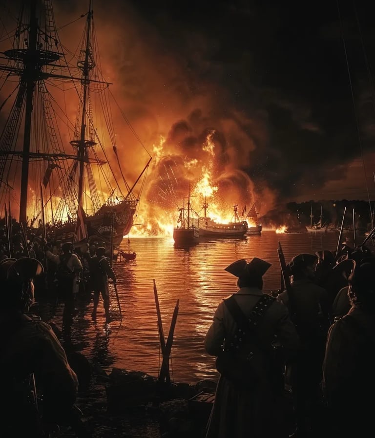 iery blaze engulfing crates of British East India Company