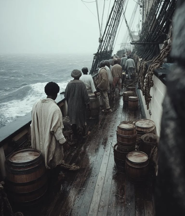1781 on the deck of the British ship Zong, enslaved Africans in coarse cloth remain shackled