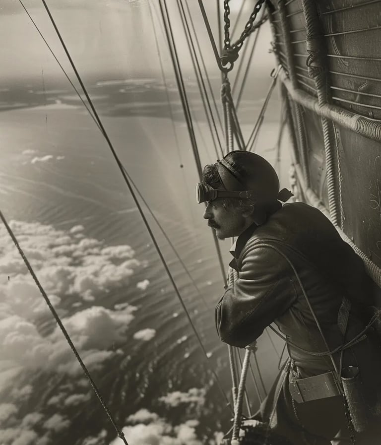 Walter Wellman, dressed in a heavy leather coat and goggles, leans over the gondola’s edge