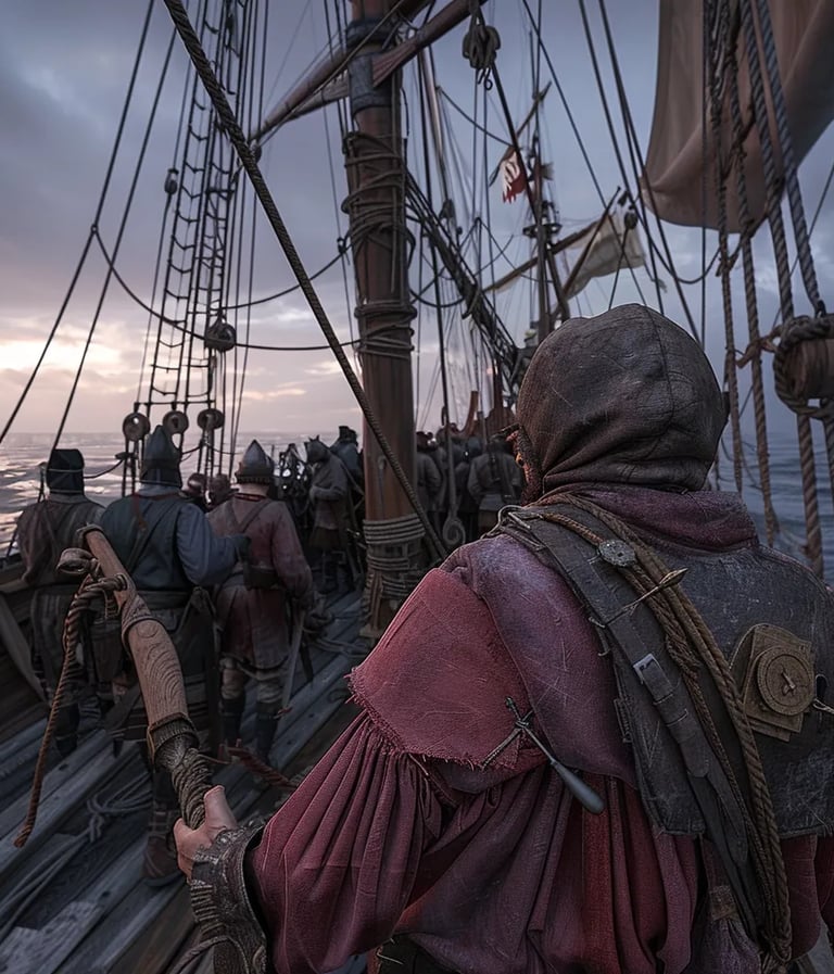 Santa Maria’s deck at dusk, showing 15th-century sailors in frayed woolen tunics