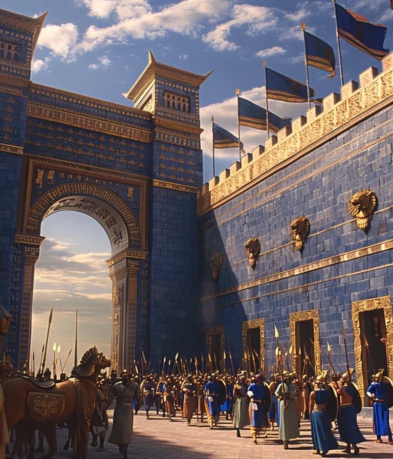 Persian soldiers clad in bronze-scale armor marching through the grand Ishtar Gate