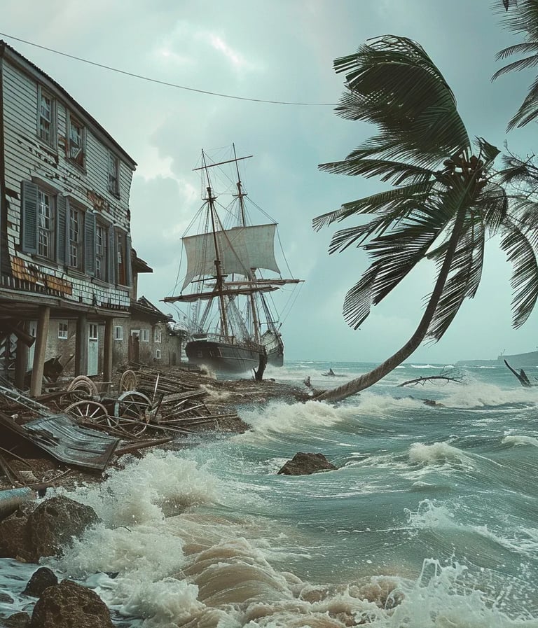 hurricane winds stripping palm trees bare, wooden colonial houses collapsing into surf