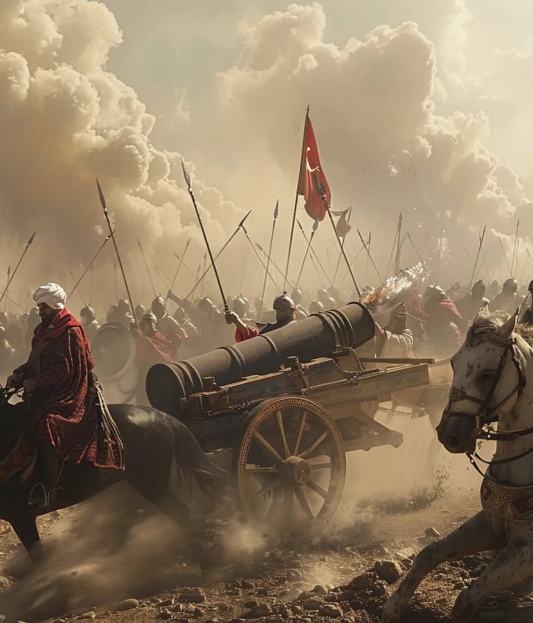 f Ottoman cannons firing toward Mamluk cavalry