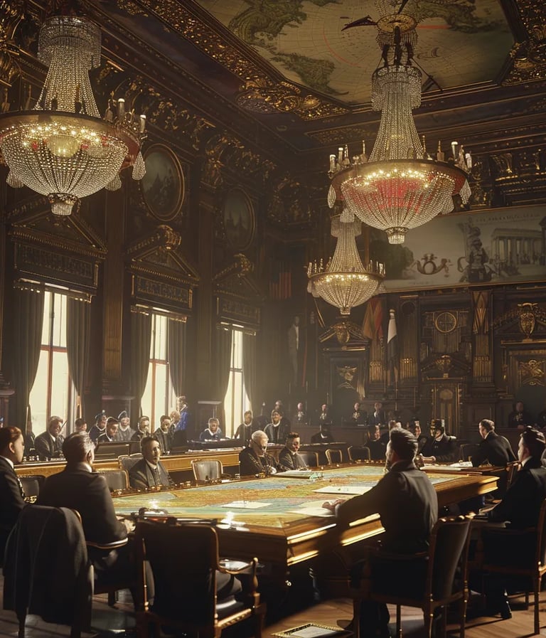 grand European conference hall, where German diplomats and Belgian officials sign documents