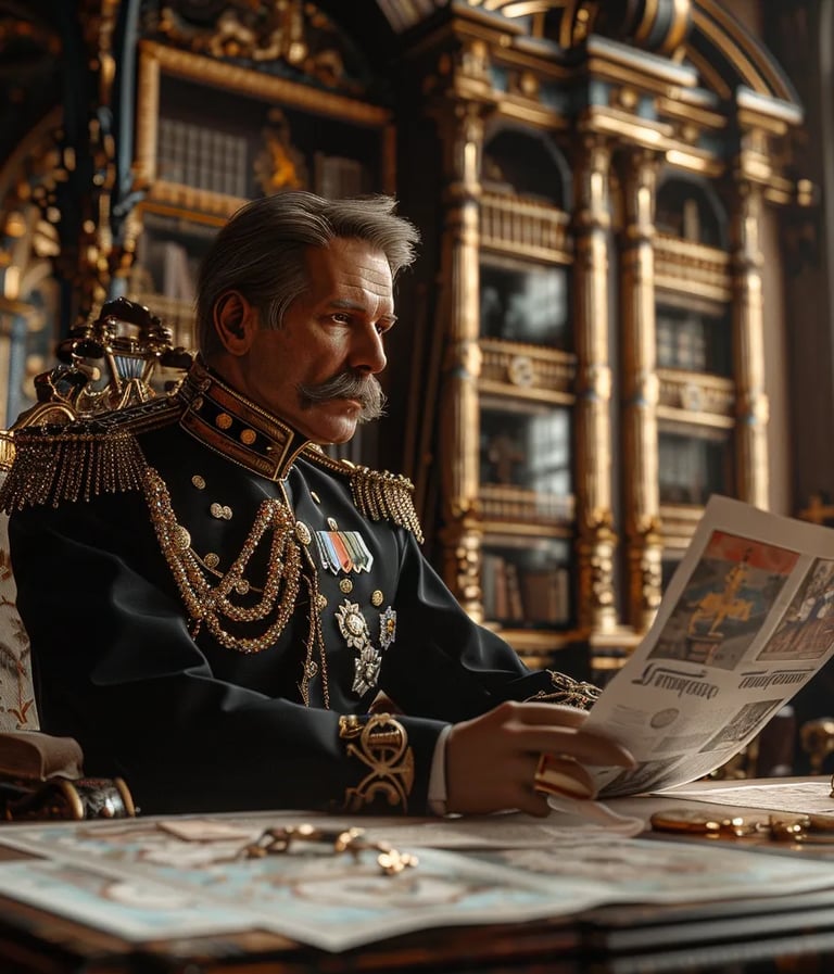 Kaiser Wilhelm II in a lavish study, his military uniform adorned with medals